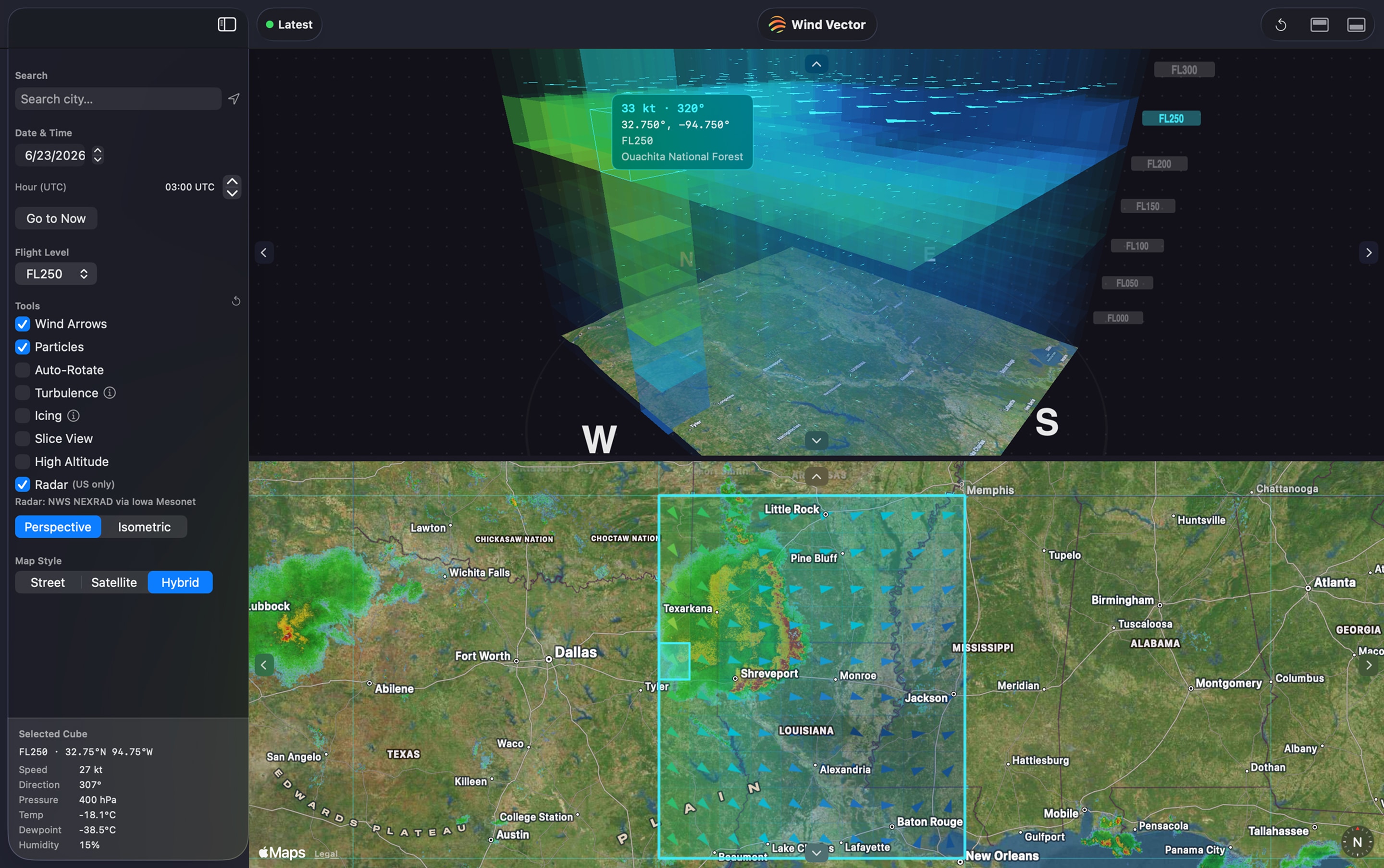 Wind Vector for Mac showing a 3D wind column over terrain above a 2D radar map