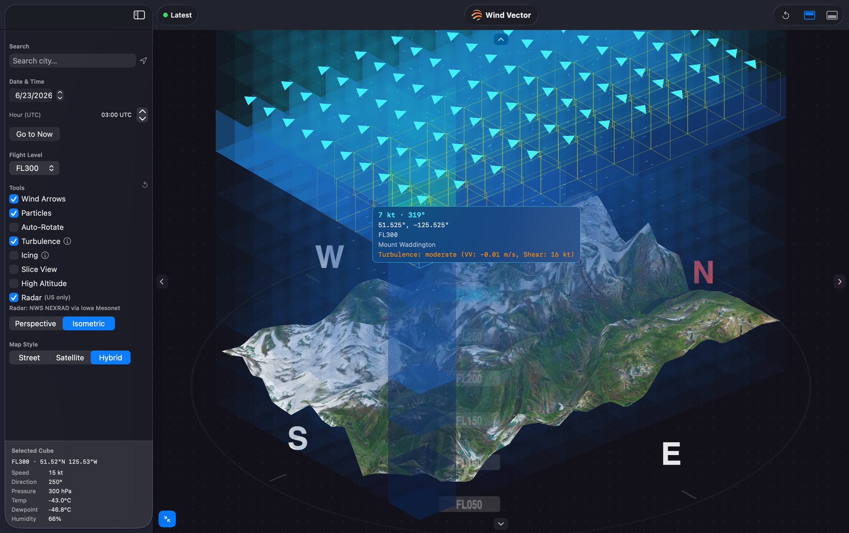 Wind Vector 3D winds aloft over mountainous terrain in isometric view, with a compass and flight-level selector
