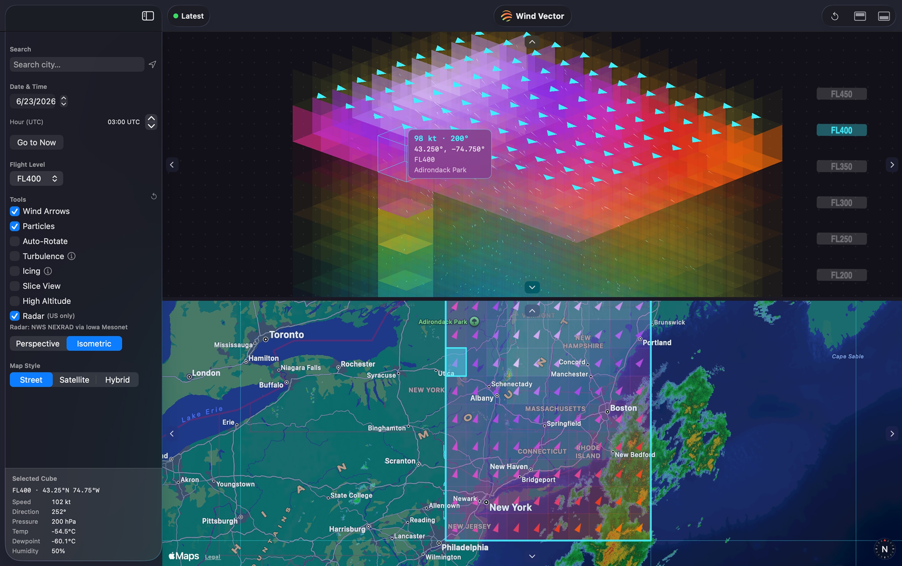 Wind Vector wind arrows streaming across the map with the selected forecast area highlighted